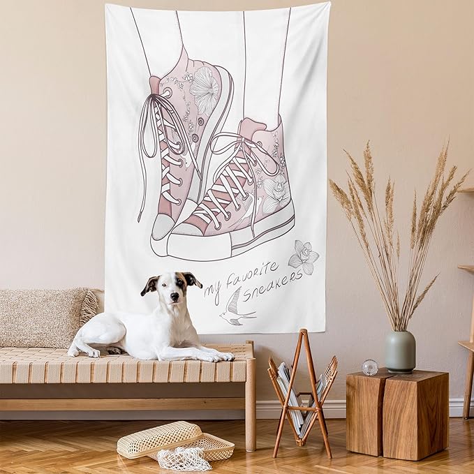 Lunarable Cartoon Tapestry, Shoes with Floral Pattern Teenage Girls Sneakers Flowers Birds Retro Urban, Wall Hanging for Bedroom Living Room Dorm Decor, 60" X 80", Rose White