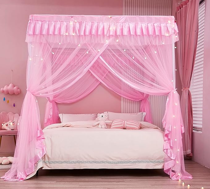 Mengersi Canopy Bed Curtains Queen Size,Bed Canopy for Girls Princess Bed Canopies Drapes Mosquito Net -Bedroom Decor,Pink