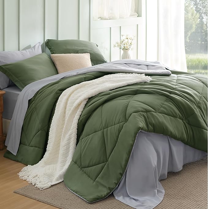 Bedsure Twin Size Comforter Set - 7 Pieces Reversible Olive Green Bedding, Twin Size Bed Set for All Seasons, Bed in a Bag with Down Alternative Comforter, Sheets, Pillowcase & Sham