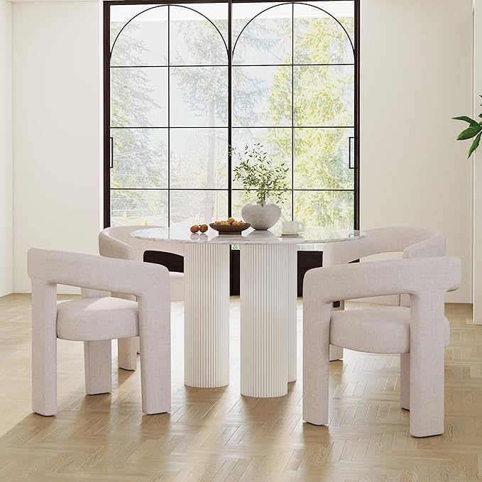 Modern Barrel Dining Chairs Set of 6, Linen Upholstered Accent Chairs with Arms Comfy Makeup Vanity Chairs, Dining Living Room Kitchen Chairs, Beige