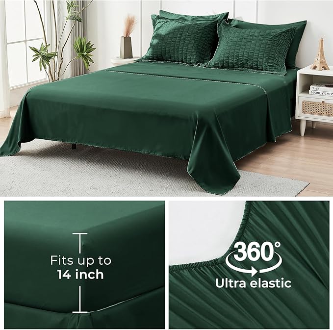 HYMOKEGE Emerald Green King Size Comforter Set Seersucker 7 Pieces, All Season Luxury Bed in a Bag for Bedroom, Bedding Set with Comforter, Sheets, Pillowcases & Shams