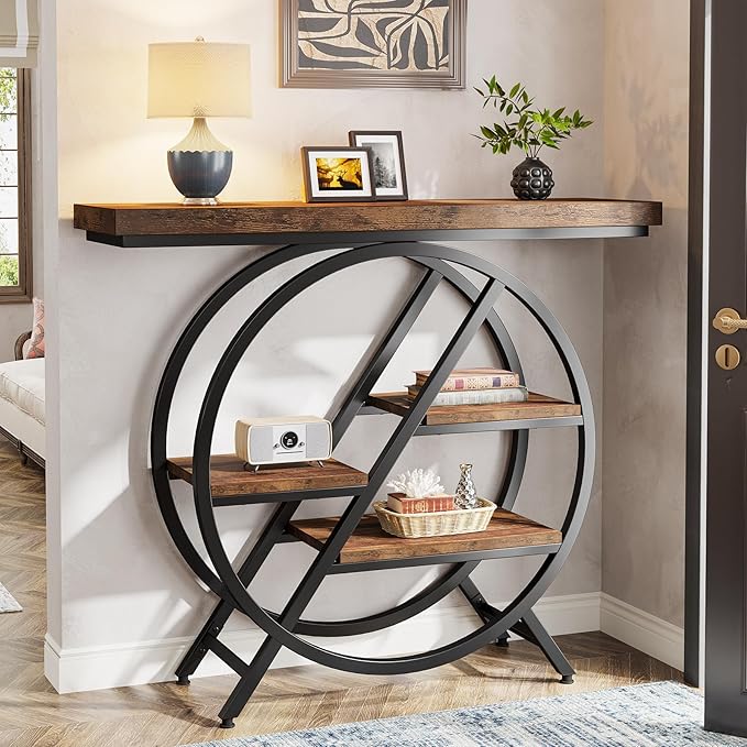 Tribesigns Console Table, 40-Inch Entryway Table with Storage Shelves, 4-Tier Industrial Hallway Sofa Table with Geometric Metal Frame, Accent Table for Living Room, Entryway, Rustic Brown