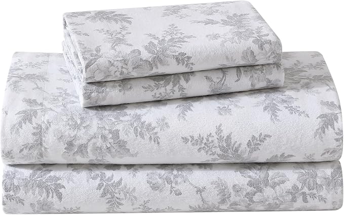 Laura Ashley - Flannel Sheets Twin Size, Anti-Pilling & Wrinkle Resistant Cotton, Touchably Soft for All-Season Comfort - Bed Sheets with Matching Pillowcase & Fitted Sheet (Vanessa Grey)