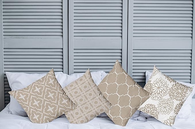 Ambesonne Vintage Throw Pillow Cushion Case Pack of 4, Monochrome Design Grid Trellis Quatrefoil Mesh and Dahlia Flowers Modern Print, Modern Accent Double-Sided Digital Printing, 20", Tan and White