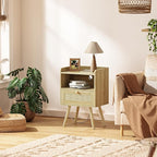 SUPERJARE Nightstand with Charging Station & Rattan-Like Decor Drawer, Rattan End Table with Solid Wood Feet, Bed Side Table with Open Storage, for Bedroom, Living Room, Dormitory - Natural