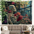 Batmerry Skeleton Roses Greenhouse Tapestry, Skeleton Roses Glass Flowers Wall Art Hanging Decoration Polyester Fiber White Ruffled Around for Dorm Room Bedroom Living Room, 59.1x82.7 inches