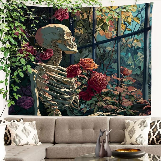 Batmerry Skeleton Roses Greenhouse Tapestry, Skeleton Roses Glass Flowers Wall Art Hanging Decoration Polyester Fiber White Ruffled Around for Dorm Room Bedroom Living Room, 51.2x59.1 inches