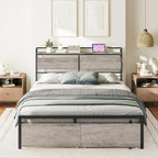 HOOBRO Queen Size Headboard, Headboard with 2 Outlets and 4 USB Ports, Adjustable Height, Storage Rack, Sturdy and Stable, Easy Assembly, Greige and Black
