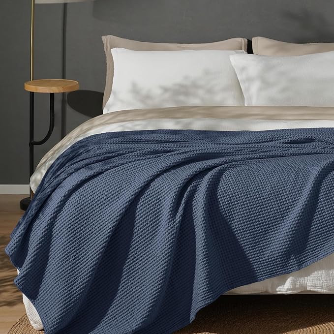 PHF 100% Cotton Waffle Weave Blanket Queen Size for Bed,Snag Proof Lightweight Breathable Moisture-wicking Throw for Couch,Great for Layering in Cold Weather,Machine Washable,Home Decor Gift-Dark Navy