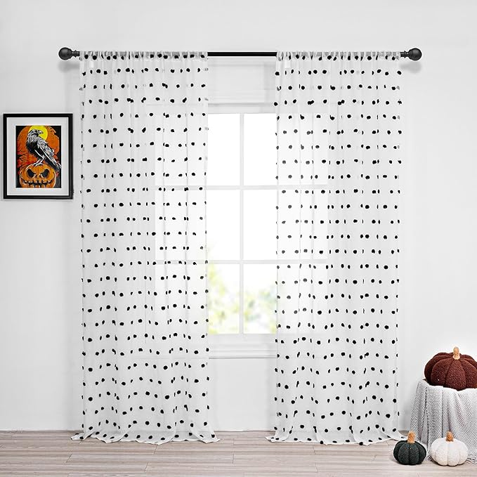 MYSKY HOME 95 Inch Long Curtains for Sliding Door Black Pom Pom Sheer Curtains for Living Room Bedroom 2 Panels Curtains for Halloween Panels Dining Room Rod Pocket Window Drapes 52" x 95"