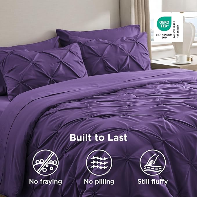 Bedsure Queen Comforter Set Purple - Bed in a Bag Queen Size Bedding 7 Pieces, GentleSoft™ Pintuck Bed Set Gift for Family, Pinch Pleat All Season Comforter with Sheets, Pillowcases & Shams