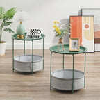 VECELO Round Side/End Table with Fabric Storage Basket，Metal Anti-Rust and Waterproof Small Bedside Nightstand with Removable Tray Top for Living Room，Balcony & Laundry，Dark Green /2pcs with Basket