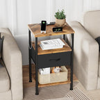 Fixwal Night Stand with Charging Station, Adjustable Bed Side Table with Fabric Drawer, Farmhouse End Table, Bedside Table with Storage, Rustic Brown