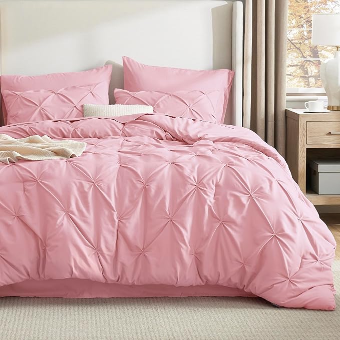 Bedsure Full Comforter Set Baby Pink - Bed in a Bag Full Size Bedding Set 7 Pieces, GentleSoft™ Pintuck Bed Set Gift for Family, Pinch Pleat All Season Comforter with Sheets, Pillowcases & Shams