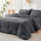 HYMOKEGE 7 Piece King Size Comforter Set Seersucker, All Season Luxury Bed in a Bag for Bedroom, Bedding Set with Comforters, Sheets, Pillowcases & Shams, Dark Grey