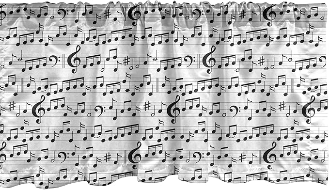 Ambesonne Music Window Valance Pack of 2, Abstract Style Professional Pattern Notes and Clef Sheet Play Writing Print, Rod Pocket Curtain Valances for Kitchen Bedroom, 54" X 18", Black White