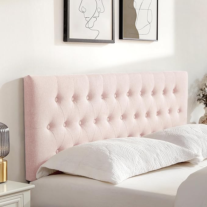 Tufted Upholstered Headboard King Size, Solid Wood Head Board with Durable Metal Legs, Adjustable Height Bed headboard from 37” to 51” Fabric Headboard in Modern Button Design, Pink