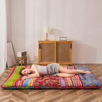 MAXYOYO Bohemian Retro Floor Mattress Vintage Floral Japanese Futon Mattress Roll Up Thicken Sleeping Bed Portable Camping Mattress Floor Lounger Couch Bed Mattress Pad, Queen Size