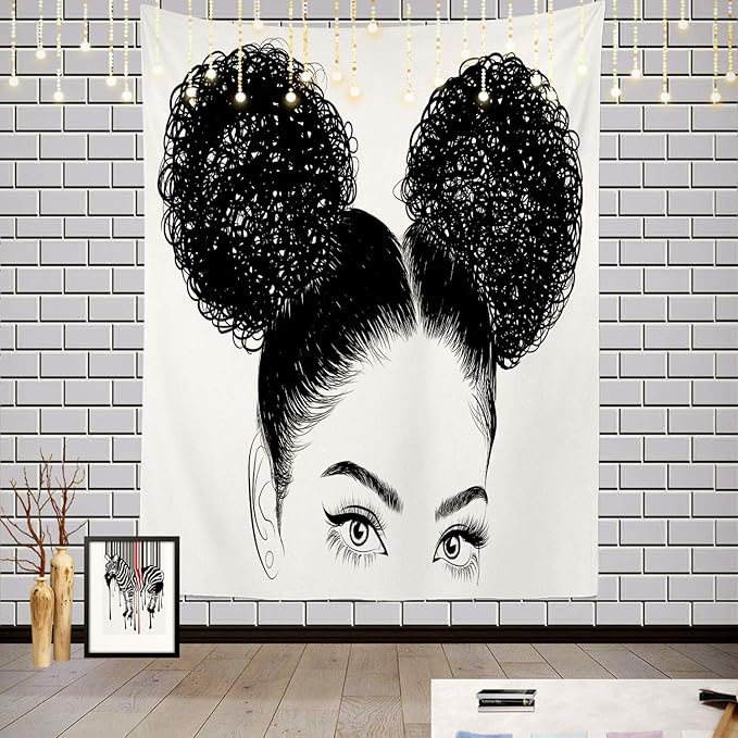 Batmerry Black Woman Afro American Tapestry, Shirt Graphic Hair Girl Beach Towel Hippie Trippy Tapestry Wall Art Meditation Decor for Bedroom Living Room Dorm, 82.7 x 59.1 Inches