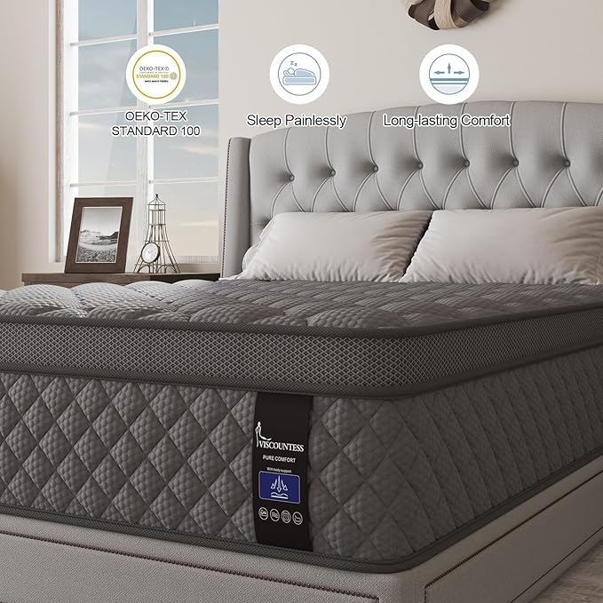 King Mattress, 12 Inch Hybrid Mattresses Grey Medium Firm Euro Top for Back & Lumbar Support, 100 Night Trial, Individual Pocket Spring for Motion Isolation & Pressure Relief