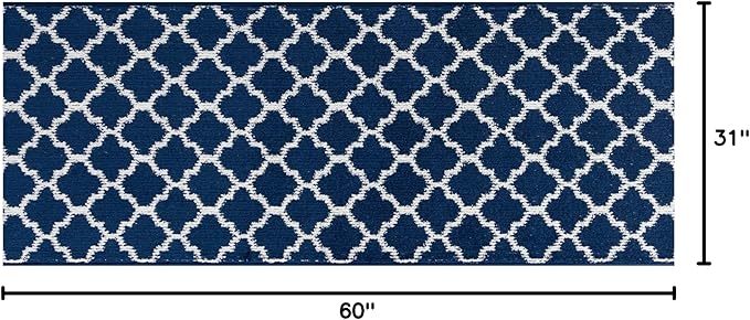 Custom Size Cut to Length Moroccan Trellis Design Runner Rug Mat For Wide Long Hallways with Non-Slip Rubber Backing, Better Traction for Pets, Prevent Slippage, Trellis Navy Blue, 31 inch X 5 feet