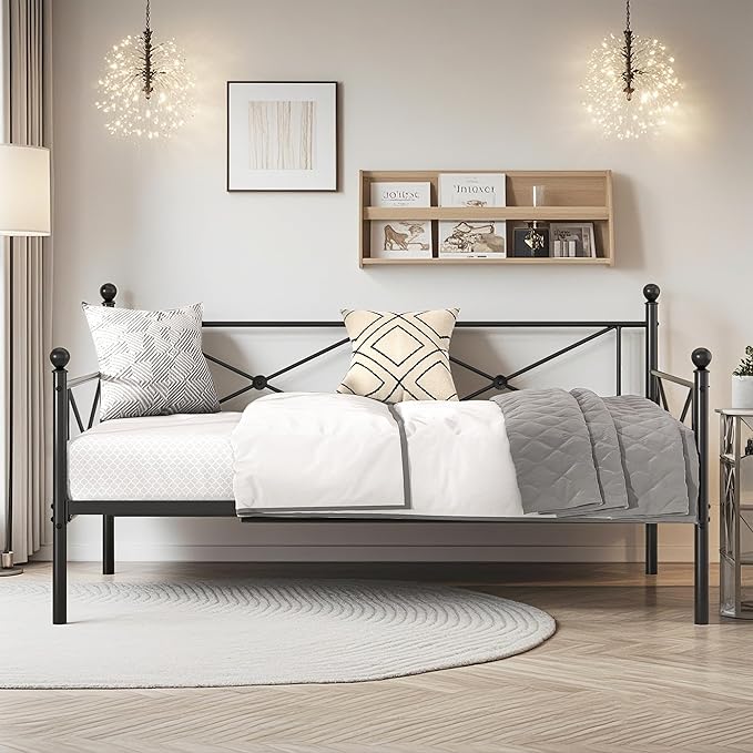 VECELO Twin Daybed Frame, Metal Day Bed with Stylish Headboard, Multifunctional Platform Beds for Bedroom, Living Room, Guest Room, No Boxing Spring Needed, Black