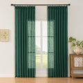 Emerald Green Linen Pinch Pleated Sliding Door Curtains Semi Sheer, 2x50 Inches Width, Hunter Light Filtering Drapes 84 Inches Long, Dark Textured Farmhouse Window Curtain Panels