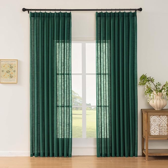 Emerald Green Linen Pinch Pleated Sliding Door Curtains Semi Sheer, 2x50 Inches Width, Hunter Light Filtering Drapes 84 Inches Long, Dark Textured Farmhouse Window Curtain Panels