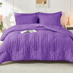 HYMOKEGE Dark Purple Queen Comforter Set Seersucker 7 Pieces, All Season Luxury Bed in a Bag Queen for Bedroom, Bedding Set with Comforter, Sheets, Pillowcases & Shams