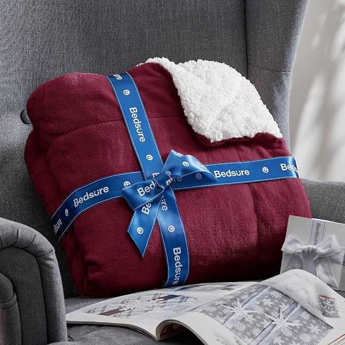Bedsure GentleSoft Sherpa Fleece Blankets King Size for Bed - Thick and Warm Throw for Girls and Women, Soft Fuzzy Plush King Christmas Blanket for Winter, Burgundy, 108x90 Inches