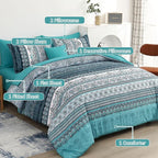 Cottolester Boho King Size Comforter Set 8 Pieces, Teal Comforter Bohemian Striped Bed in A Bag, Soft Microfiber Bedding Set for All Seasons