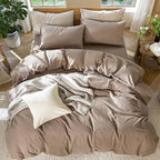 MooMee Bedding Duvet Cover Set 100% Washed Cotton Linen Like Textured Breathable Durable Soft Comfy (Solid Brown, Palatial King/Oversized King 120"x98")