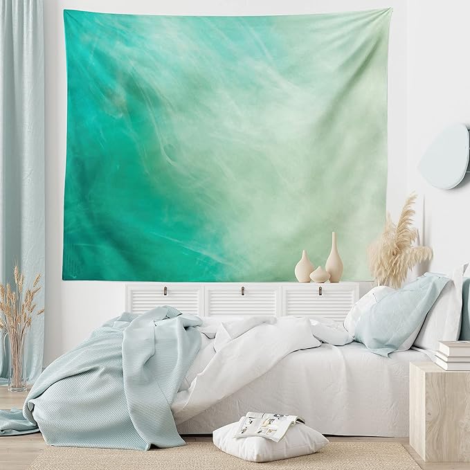 Lunarable Aqua Tapestry King Size, Watercolor Effect Wave Pattern Abstract Underwater Illustration Calming Artwork, Wall Hanging Bedspread Bed Cover Wall Decor, King Size, White Mint