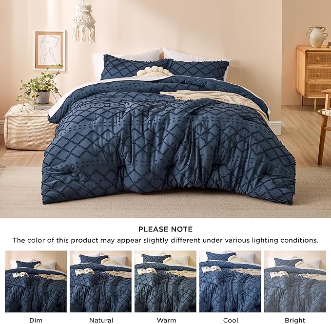 Bedsure California King Comforter Set - Navy Blue Comforter, Boho Tufted Shabby Chic Bedding for Kids, 3 Pieces Vintage Farmhouse Bed Set for All Seasons, Fluffy Soft Bedding with 2 Pillow Shams
