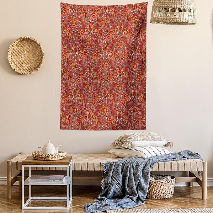 Lunarable Paisley Tapestry Twin Size, Vibrant Colored Pattern with Various Oriental Design Elements Boho Influence, Wall Hanging Bedspread Bed Cover Wall Decor, Twin Size, Ruby, 68" Width x 88" Length