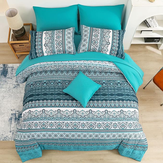 Cottolester Boho King Size Comforter Set 8 Pieces, Teal Comforter Bohemian Striped Bed in A Bag, Soft Microfiber Bedding Set for All Seasons
