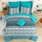 Cottolester Boho King Size Comforter Set 8 Pieces, Teal Comforter Bohemian Striped Bed in A Bag, Soft Microfiber Bedding Set for All Seasons