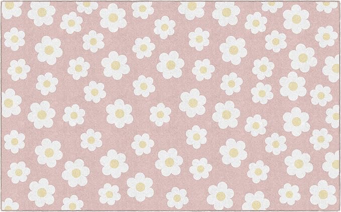 Flagship Carpets Schoolgirl Style Retro Daisies on Pink Educational Area Rug for Kids Room Seating Décor, Children's Classroom, Play Carpet for Teaching and Playroom, 7'6 "x 12'