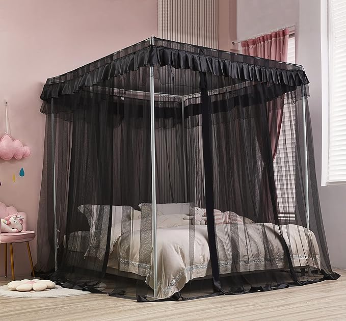Mengersi Black Bed Canopy, 4 Corner Post Bed Canopy Curtains, Quick and Easy Installation for King Size Beds