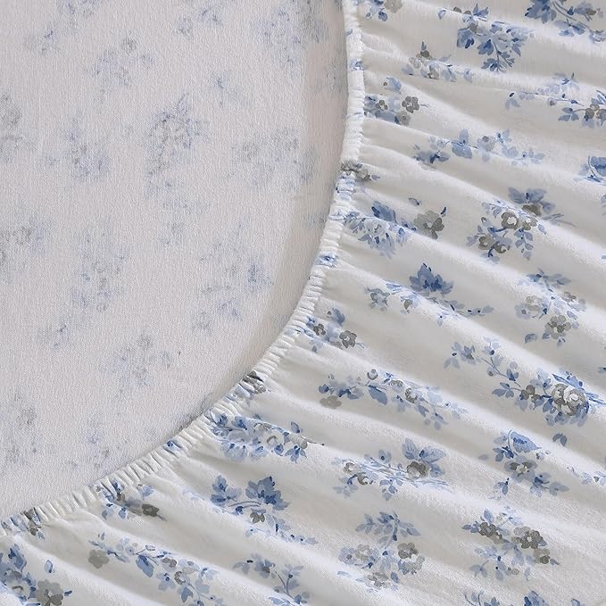 Laura Ashley - Flannel Sheets Twin Size, Anti-Pilling & Wrinkle Resistant Cotton, Touchably Soft for All-Season Comfort - Bed Sheets with Matching Pillowcase & Fitted Sheet (Audrey Blue)