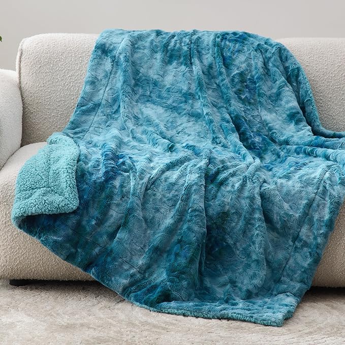 Bedsure GentleSoft Sherpa Fluffy Blanket Twin Size - Fleece Warm and Cozy Throw for Women Gift, Plush & Fuzzy Faux Fur Christmas Blanket for Couch, Sofa, Bed Decor, Tie Dye Design, Teal, 60x80 Inches