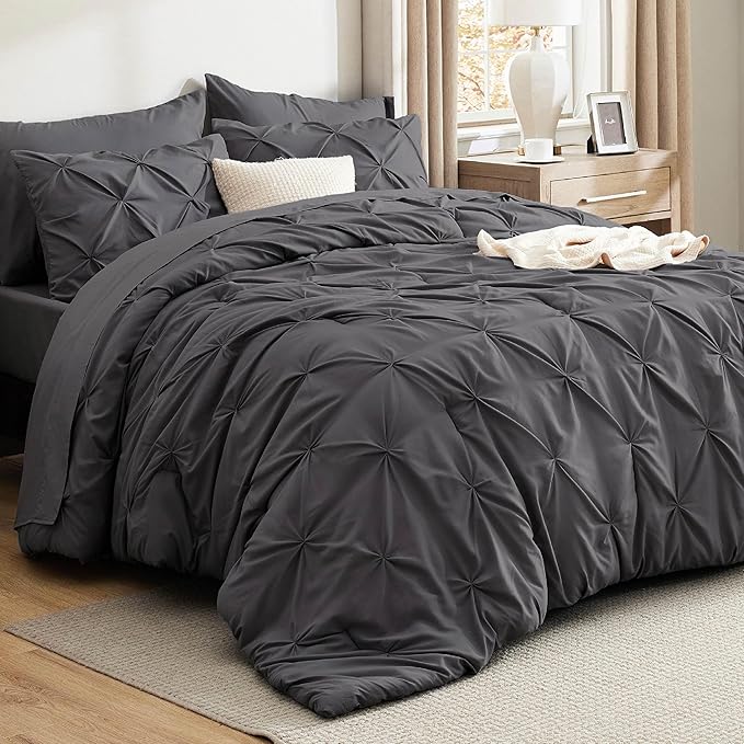 Bedsure Queen Comforter Set Dark Grey - Bed in a Bag Queen Size Bedding 7 Pieces, GentleSoft™ Pintuck Bed Set Gift for Family, Pinch Pleat All Season Comforter with Sheets, Pillowcases & Shams