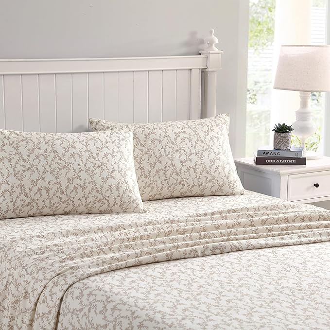 Laura Ashley - Flannel Sheets King Size, Anti-Pilling & Wrinkle Resistant Cotton, Touchably Soft for All-Season Comfort - Bed Sheets with Matching Pillowcases & Fitted Sheet (Victoria Beige)