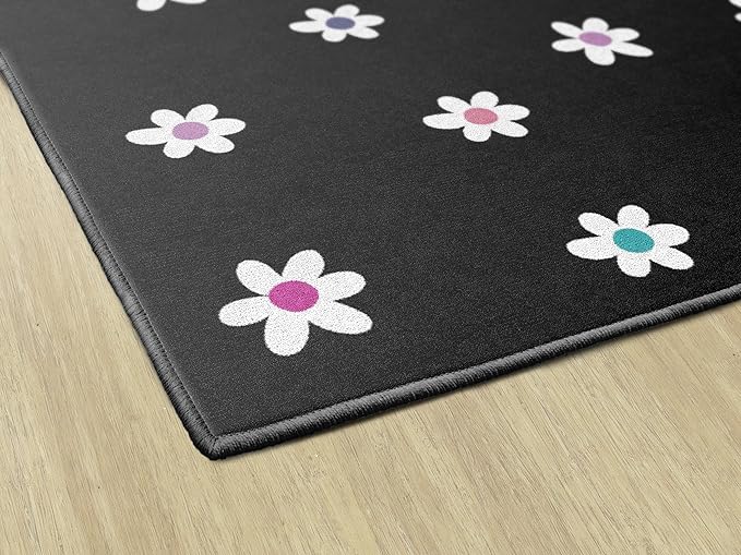 Flagship Carpets Schoolgirl Style Small Daisies on Black Educational Area Rug for Kids Room Seating Décor, Children's Classroom, Play Carpet for Teaching and Playroom, 7'6 "x 12'