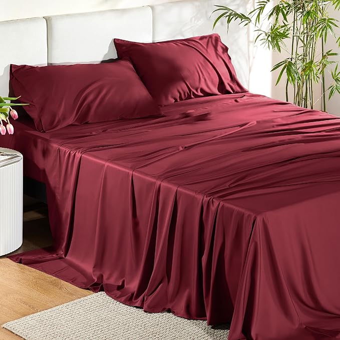 Bedsure King Size Sheets Set, Cooling Sheets for Hot Sleepers, Rayon Derived from Bamboo, Breathable & Soft, Deep Pocket Up to 16 Inches, Hotel Luxury Silky Bedding, Burgundy