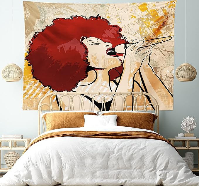 Lunarable Afro Tapestry, Popular Singer Karaoke Style Microphone Performance American Woman, Fabric Wall Hanging Decor for Bedroom Living Room Dorm, 45" X 30", Burgundy Orange