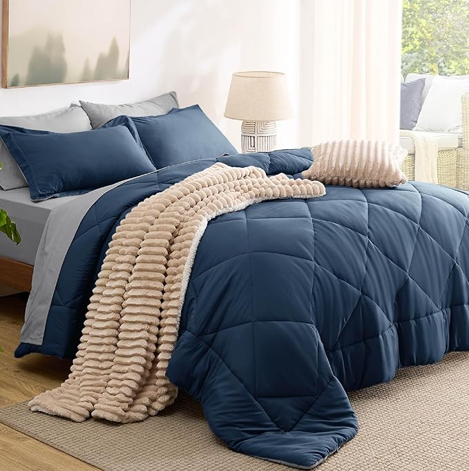 Bedsure Oversized Queen Comforter Set - 7 Pieces Reversible Navy Bedding, Oversized Queen Size Bed Set for All Seasons, Bed in a Bag with Down Alternative Comforter, Sheets, Pillowcases & Shams