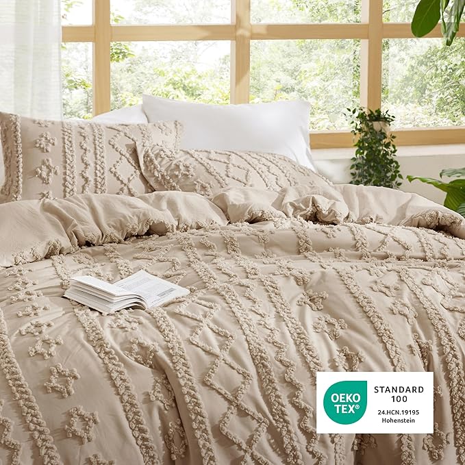 Bedsure Tufted Boho Comforter Set Oversized King - Khaki Boho Bed Set, GentleSoft™ 3 Pieces Farmhouse Shabby Chic Embroidery Bedding, Gifts for Woman, Soft Jacquard Comforter for All Seasons