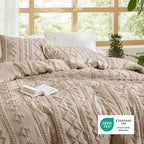 Bedsure Tufted Boho Comforter Set Oversized Queen - Khaki Boho Bed Set, GentleSoft™ 3 Pieces Farmhouse Shabby Chic Embroidery Bedding, Gifts for Woman, Soft Jacquard Comforter for All Seasons