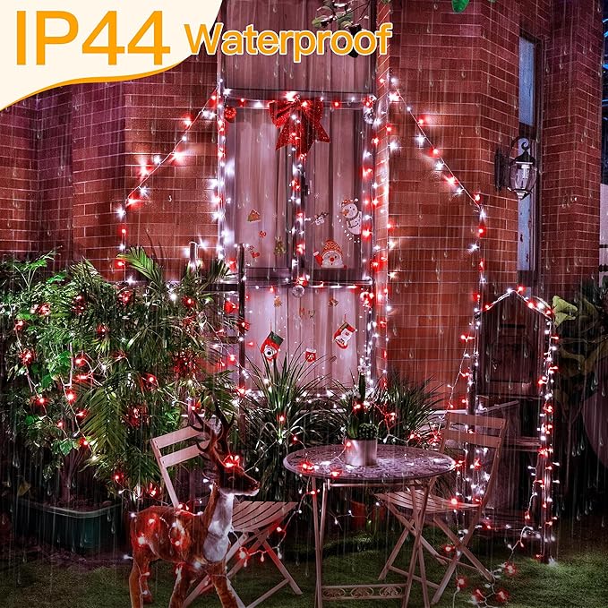 Ollny Red and White Christmas Lights Waterproof, 400LED 131FT String Lights with Remote 3 Timer, Plug in 8 Modes Fairy Light for Xmas Tree Indoor Bedroom House Party Wedding Decorations